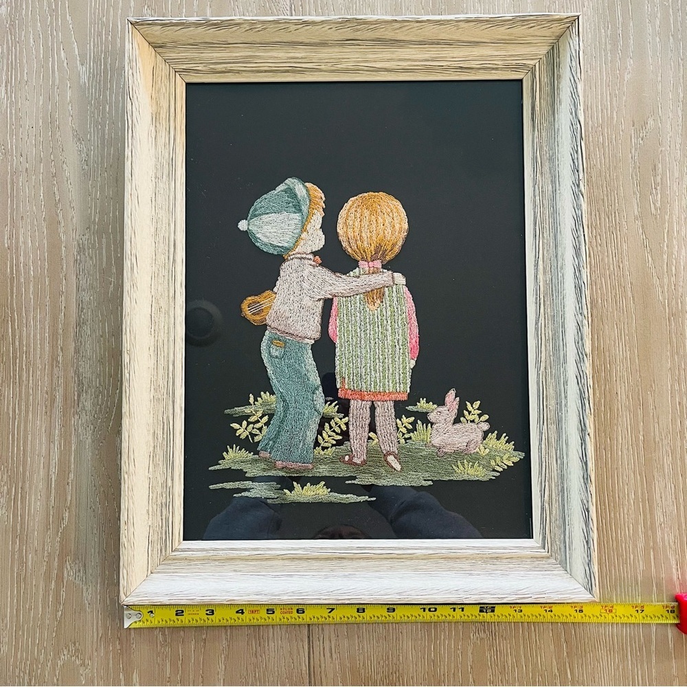 Framed Vintage Embroidery 1976- Little Boy and Girl 15” X 19” - Picture 15 of 16